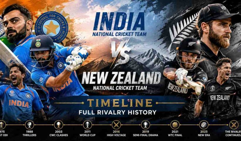 India National Cricket Team vs New Zealand National Cricket Team Timeline featuring iconic players and major rivalry moments.