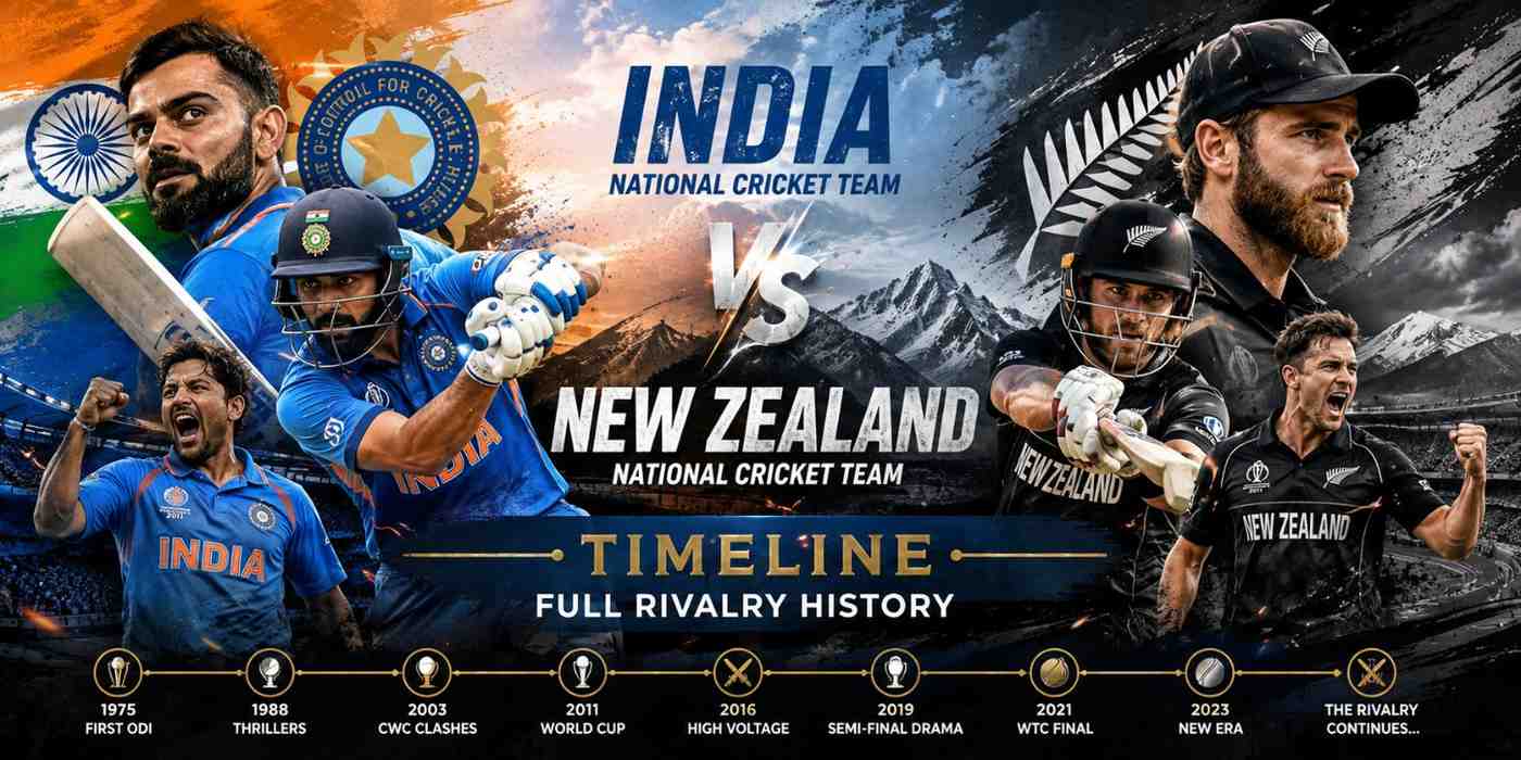 India National Cricket Team vs New Zealand National Cricket Team Timeline featuring iconic players and major rivalry moments.