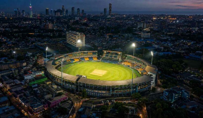 R. Premadasa Stadium aerial view with floodlights illuminating the cricket ground in Colombo